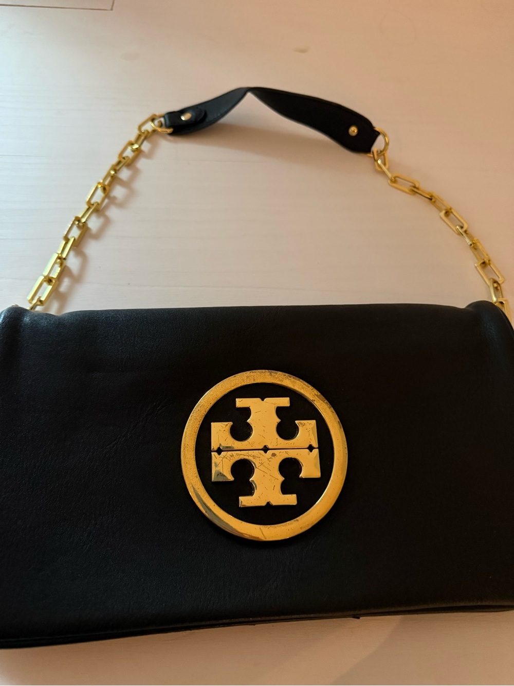Tory Burch Black Leather Shoulder Bag with Gold Logo and Chain